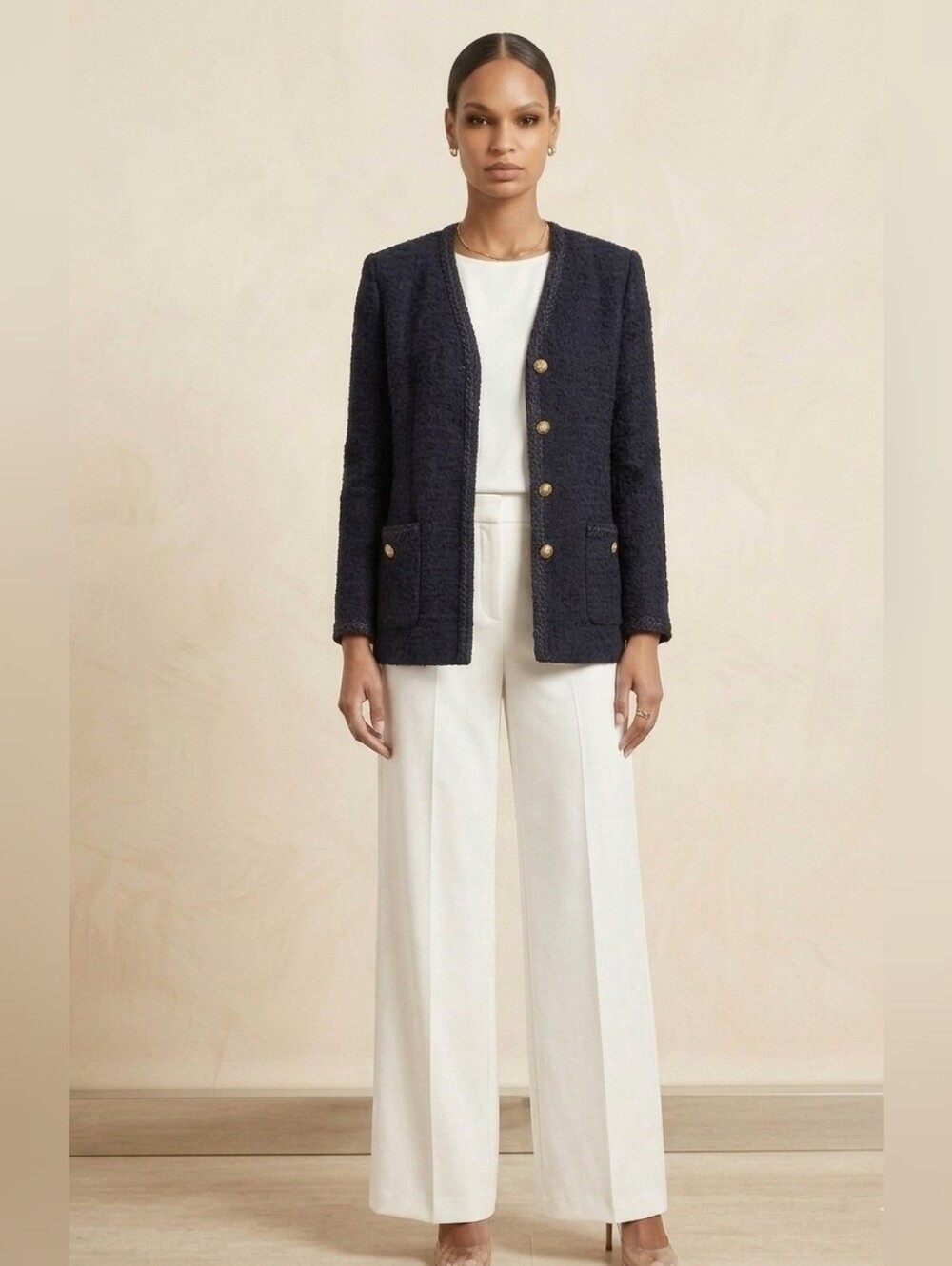 Marina Rinaldi | Navy Tweed Collarless Jacket with Braided Trim
